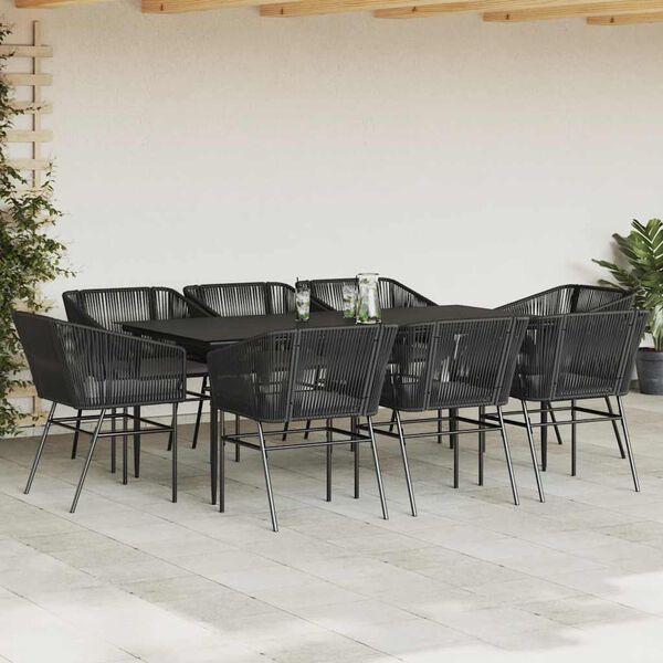 vidaXL 9 Piece Garden Dining Set with Cushions Black Poly Rattan Glass