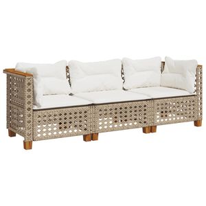 vidaXL Garden Sofa with Cushions 3-Seater Beige Poly Rattan