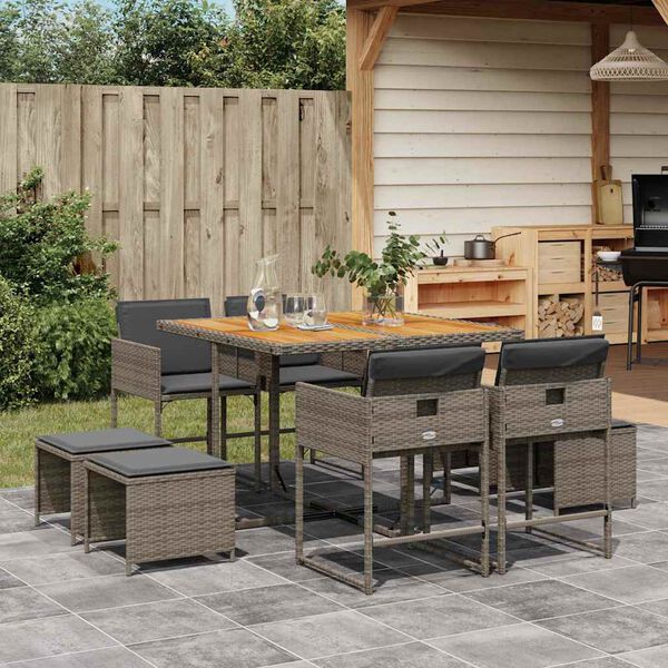 vidaXL 9 Piece Garden Dining Set with Cushions Grey Poly Rattan