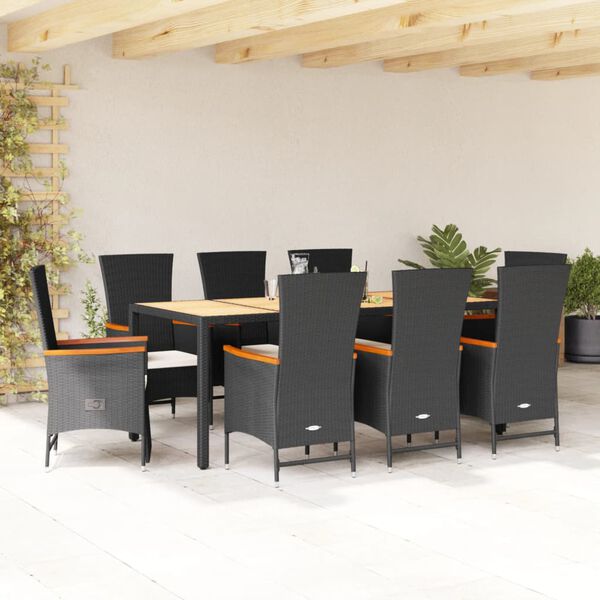 vidaXL 9 Piece Garden Dining Set with Cushions Black Poly Rattan
