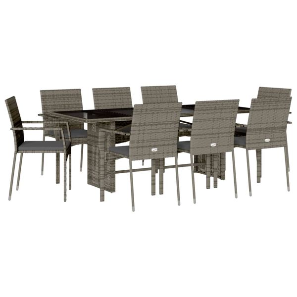 vidaXL 9 Piece Garden Dining Set with Cushions Grey Poly Rattan