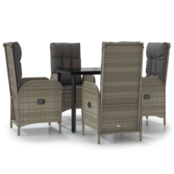 vidaXL 5 Piece Garden Dining Set with Cushions Black and Grey Poly Rattan