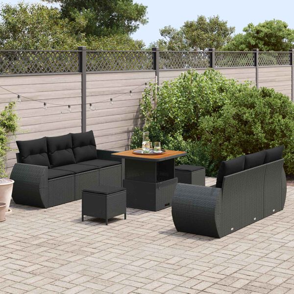 vidaXL Garden Sofa Set with Cushion 9 pcs Black Poly Rattan