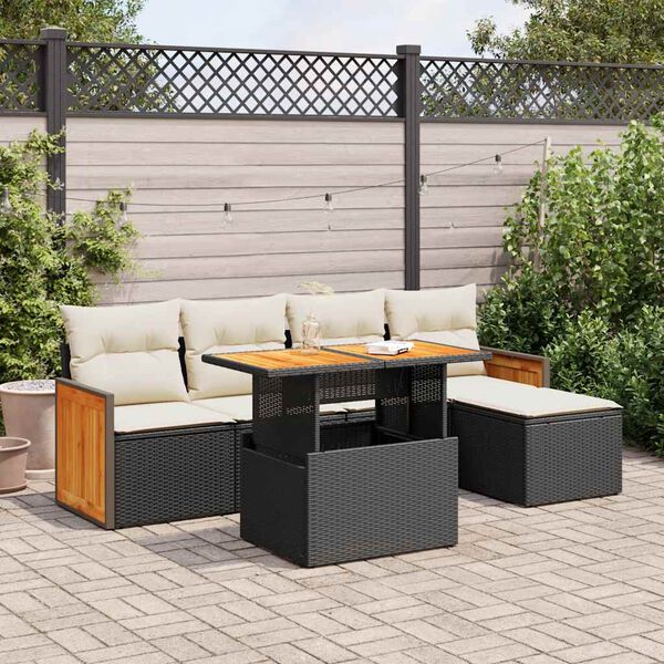 vidaXL 6 Piece Garden Sofa Set with Cushions Black Poly Rattan Acacia