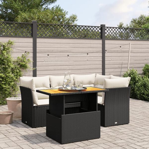 vidaXL 5 Piece Garden Sofa Set with Cushions Black Poly Rattan