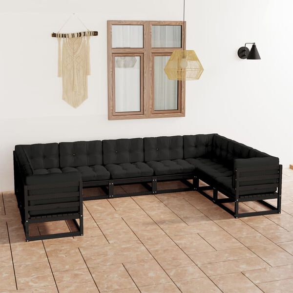 vidaXL 9 Piece Garden Lounge Set with Cushions Black Solid Pinewood