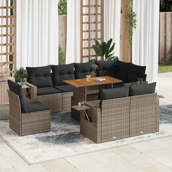 vidaXL 9 Piece Garden Sofa Set with Cushions Grey Poly Rattan