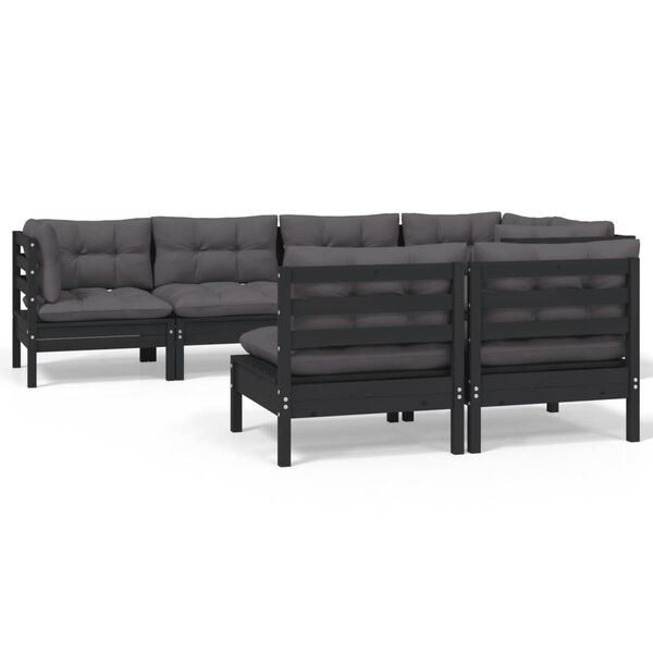 vidaXL 7 Piece Garden Lounge Set with Cushions Black Solid Pinewood