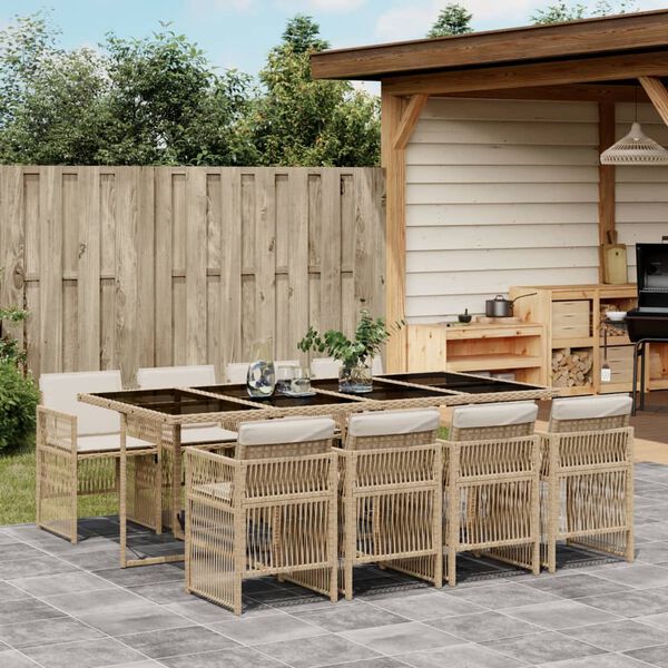 vidaXL 9 Piece Garden Dining Set with Cushions Beige Poly Rattan