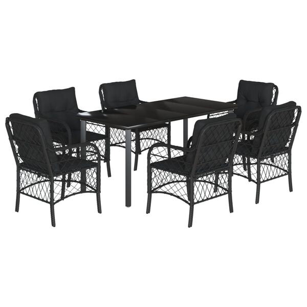 vidaXL 7 Piece Garden Dining Set with Cushions Black Poly Rattan