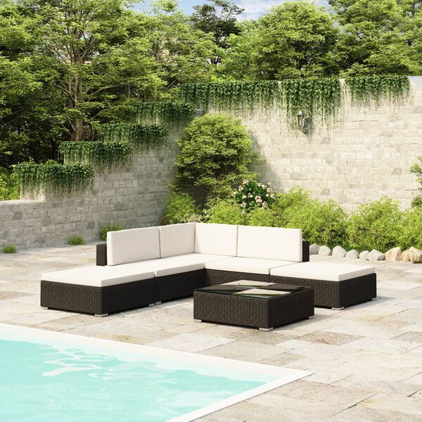 vidaXL 6 Piece Garden Lounge Set with Cushions Poly Rattan Black