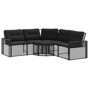 vidaXL Garden Sofa with Cushions and Footstool L-Shaped Black Poly Rattan