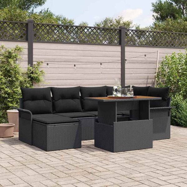 vidaXL Garden Sofa Set with Storage 7 pcs Black Poly rattan