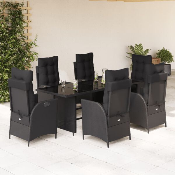 vidaXL 7 Piece Garden Dining Set with Cushions Black Poly Rattan