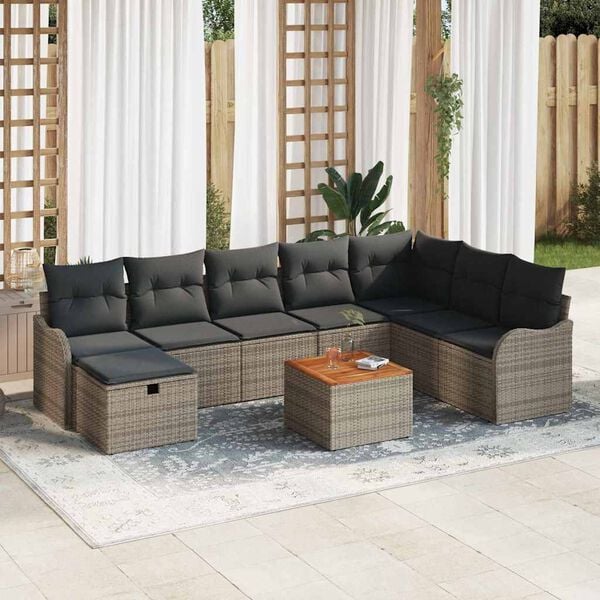 vidaXL Garden Sofa Set with Cushion 9 pcs Grey Poly rattan