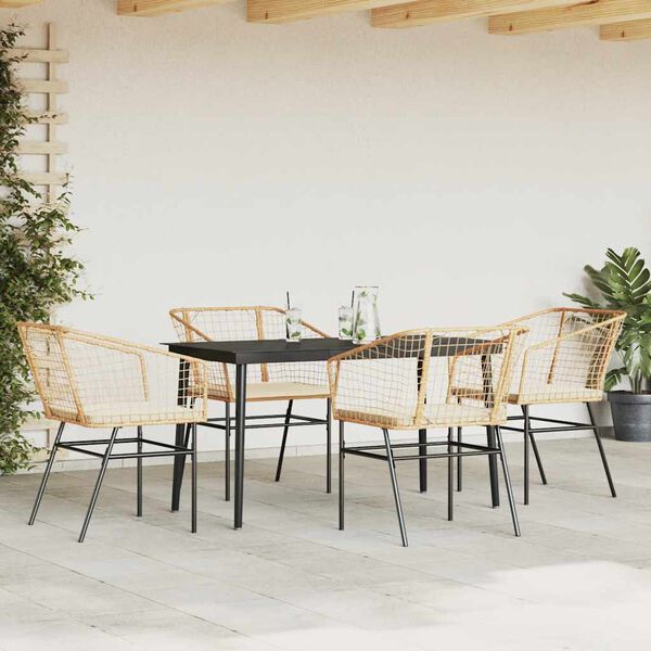 vidaXL 5 Piece Garden Dining Set with Cushions Brown Poly Rattan Glass