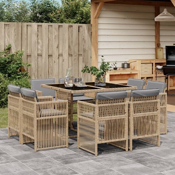 vidaXL 9 Piece Garden Dining Set with Cushions Mix Beige Poly Rattan