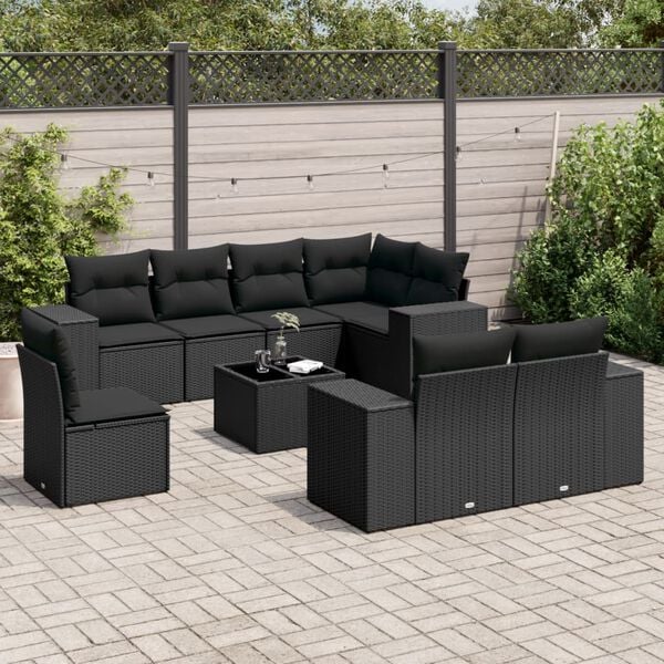 vidaXL 9 Piece Garden Sofa Set with Cushions Black Poly Rattan