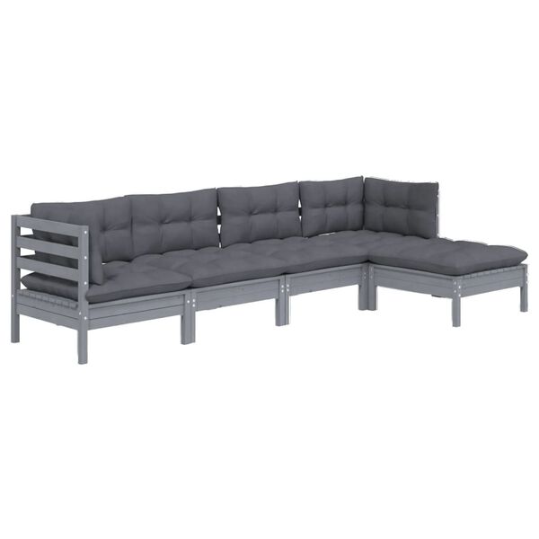vidaXL 5 Piece Garden Lounge Set with Cushions Grey Pinewood