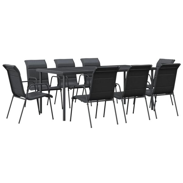 vidaXL 9 Piece Garden Dining Set Black Steel and Textilene