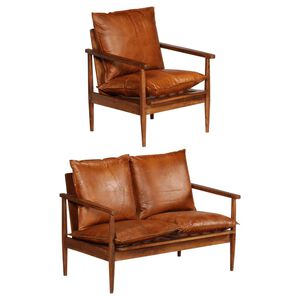 vidaXL 2 Piece Sofa Set Brown Real Leather and Solid Wood Acacia
