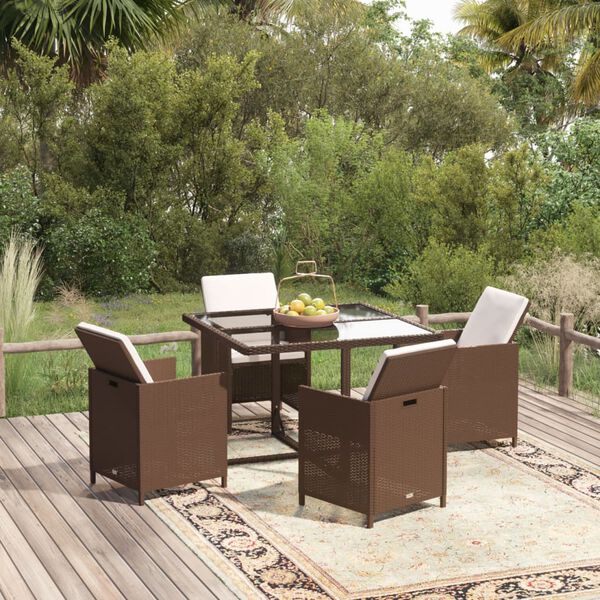 vidaXL 5 Piece Garden Dining Set with Cushions Poly Rattan Brown