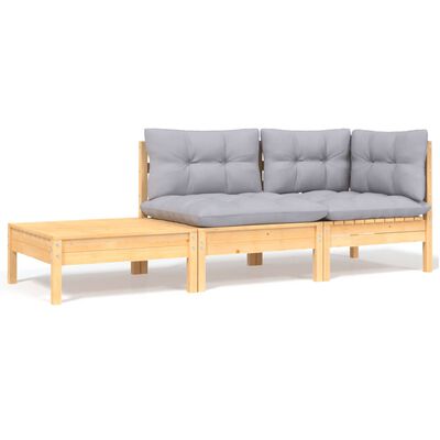 vidaXL 3 Piece Garden Lounge Set with Grey Cushions Solid Pinewood