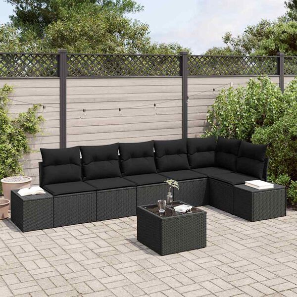 vidaXL Garden Sofa Set with Cushion 7 pcs Black Poly Rattan