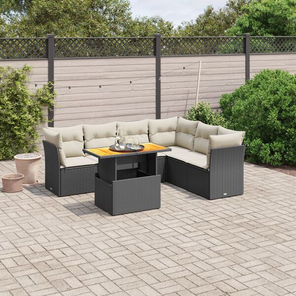 vidaXL 7 Piece Garden Sofa Set with Cushions Black Poly Rattan