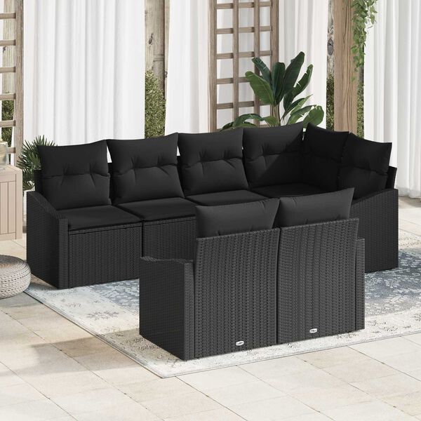 vidaXL Sofa Set with Cushion 7 pcs Black Poly Rattan