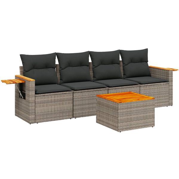 vidaXL 5 Piece Garden Sofa Set with Cushions Grey Poly Rattan