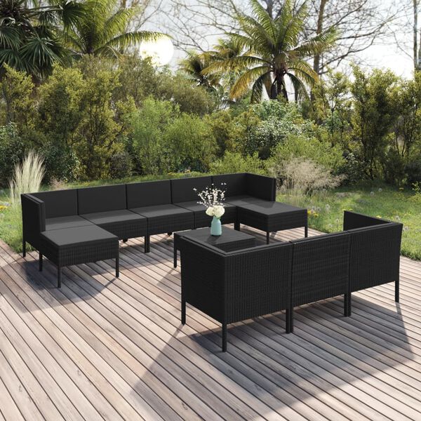 vidaXL 11 Piece Garden Lounge Set with Cushions Poly Rattan Black