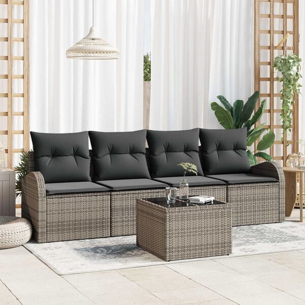 vidaXL Garden Sofa Set 5 pcs Grey Poly Rattan and Steel and Glass