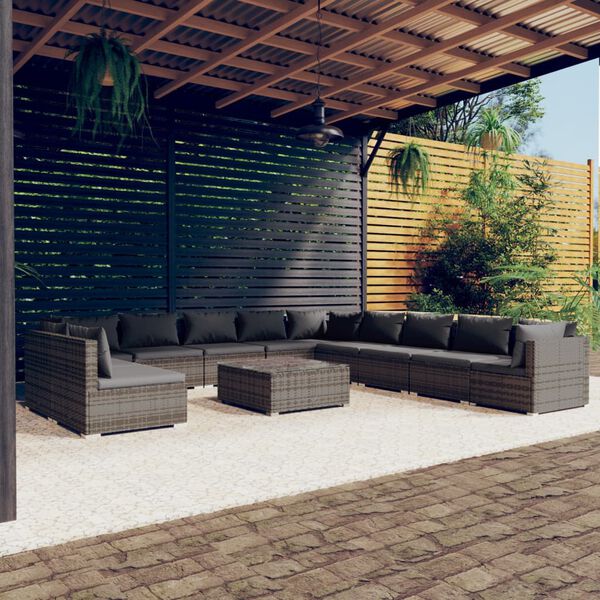 vidaXL 12 Piece Garden Lounge Set with Cushions Grey Poly Rattan