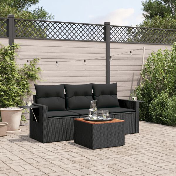 vidaXL 4 Piece Garden Sofa Set with Cushions Black Poly Rattan
