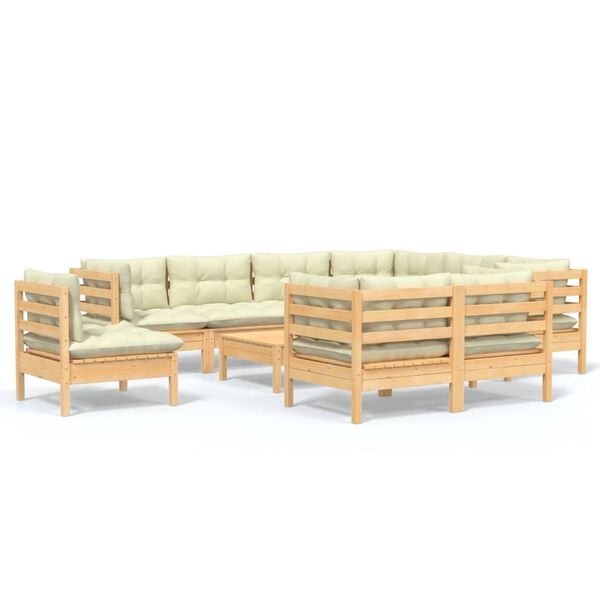 vidaXL 10 Piece Garden Lounge Set with Cream Cushions Solid Pinewood