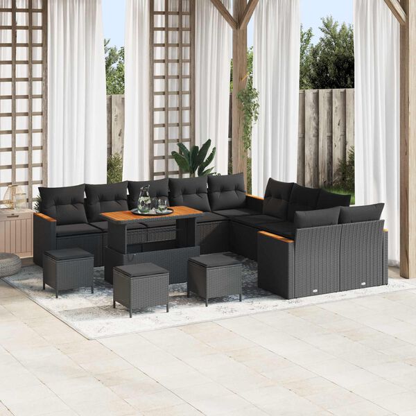 vidaXL Garden Sofa Set with Cushion 14 pcs Black Poly Rattan