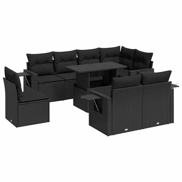 vidaXL 9 Piece Garden Sofa Set with Cushions Black Poly Rattan