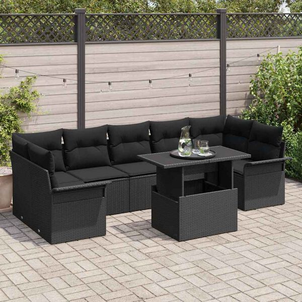 vidaXL Garden Sofa Set with Cushion 8 pcs Black Poly Rattan