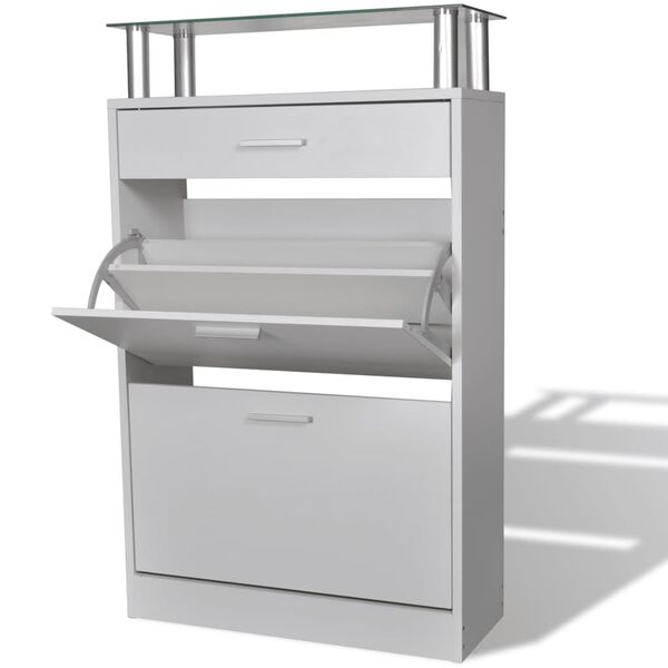 vidaXL Shoe Cabinet with a Drawer and a Top Glass Shelf Wood White