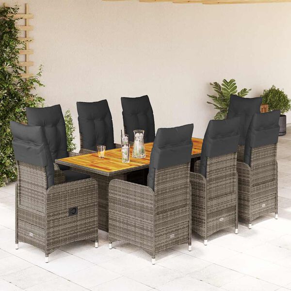 vidaXL 9 Piece Garden Bistro Set with Cushions Grey Poly Rattan
