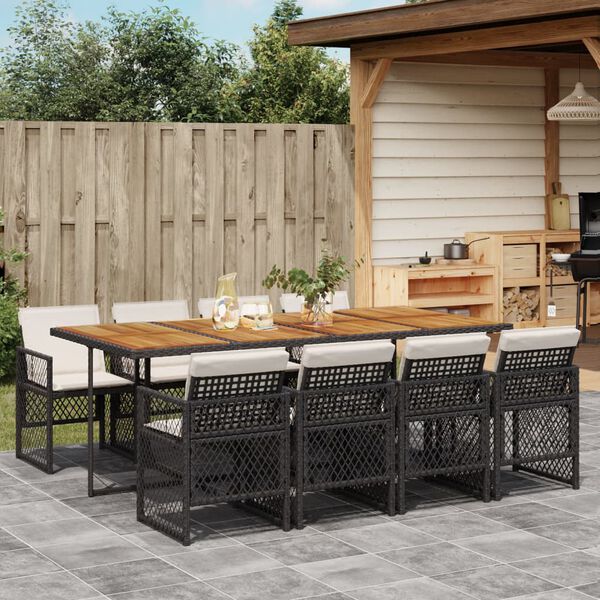vidaXL 9 Piece Garden Dining Set with Cushions Black Poly Rattan