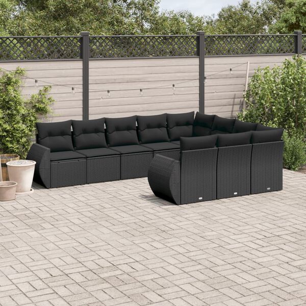 vidaXL 10 Piece Garden Sofa Set with Cushions Black Poly Rattan