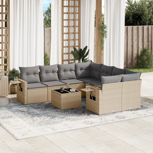 vidaXL 9 Piece Garden Sofa Set with Cushions Beige Poly Rattan