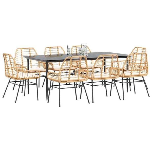 vidaXL 9 Piece Garden Dining Set with Cushions Brown Poly Rattan Glass