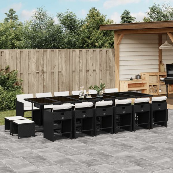 vidaXL 17 Piece Garden Dining Set with Cushions Black Poly Rattan