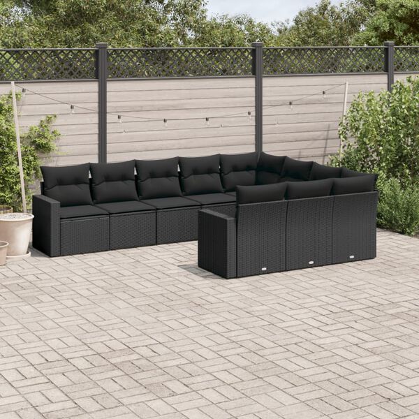 vidaXL 10 Piece Garden Sofa Set with Cushions Black Poly Rattan