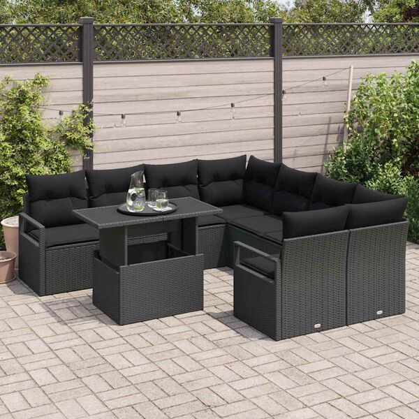 vidaXL Garden Sofa Set with Cushion 9 pcs Black Poly rattan