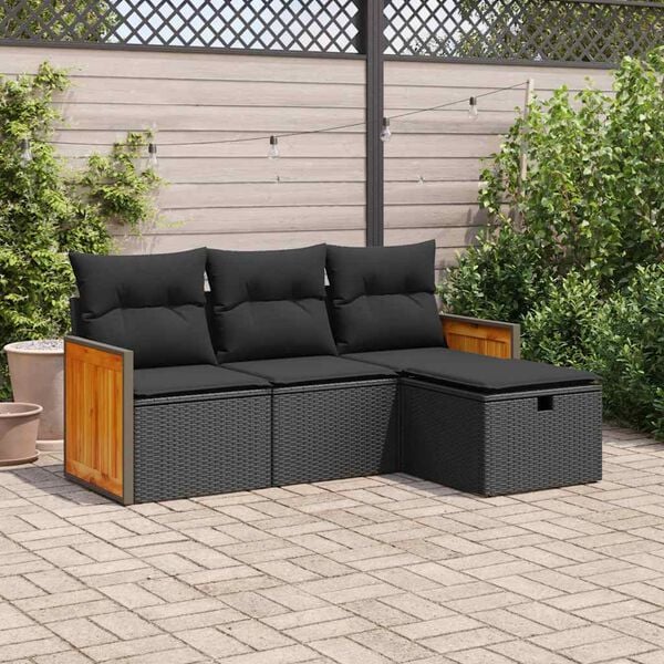 vidaXL 4 Piece Garden Sofa Set with Cushions Black Poly Rattan