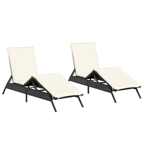 vidaXL Sun Loungers with Cushions 2 pcs Black Poly Rattan